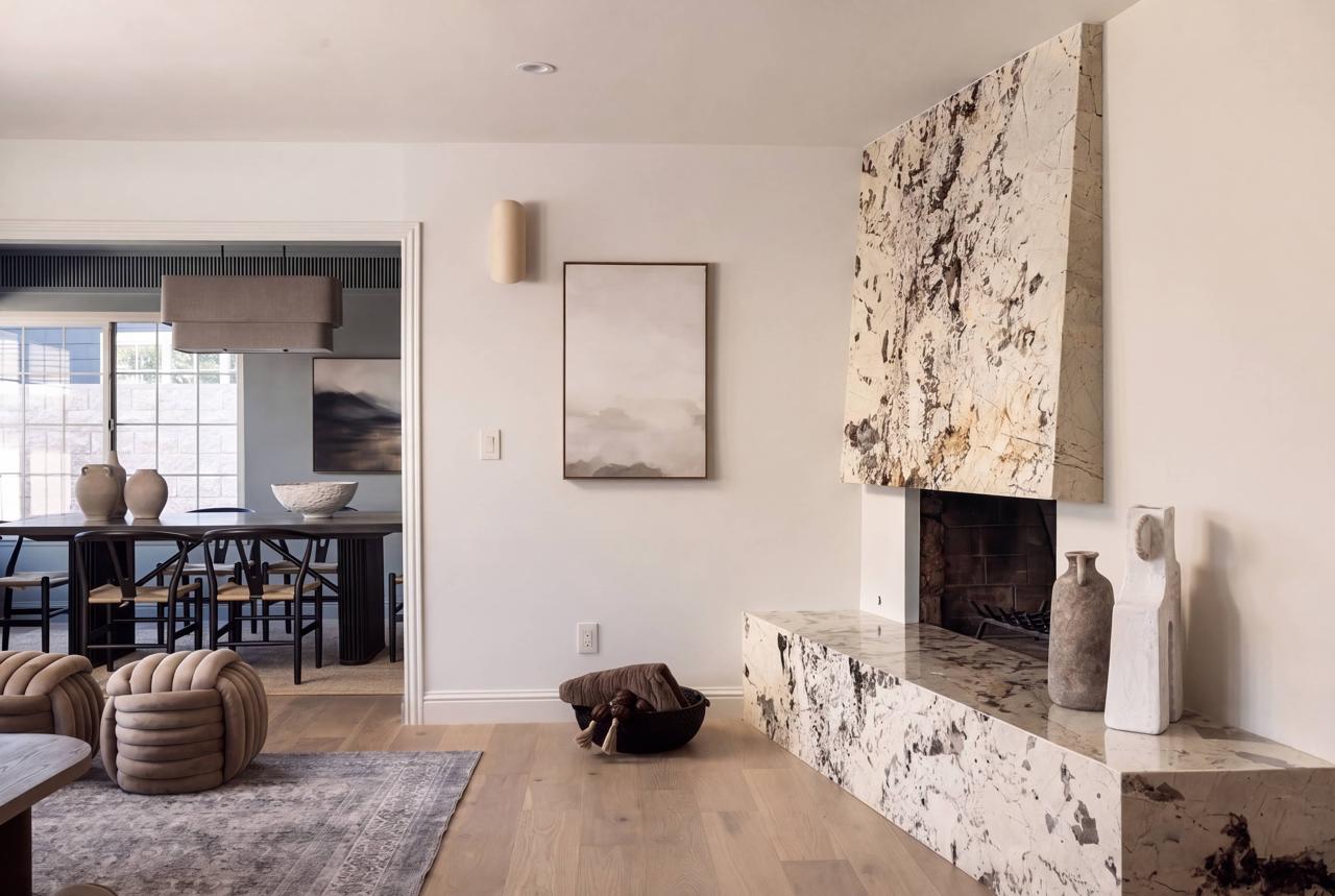 Living room with marble fireplace